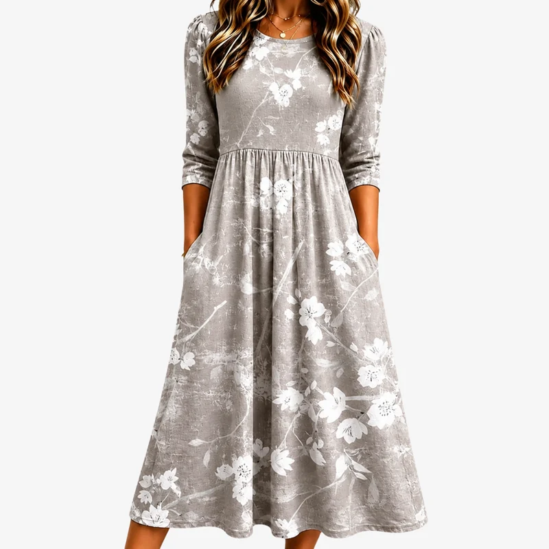 Perlita | Silver-Grey Floral Grace Midi Dress with Pockets