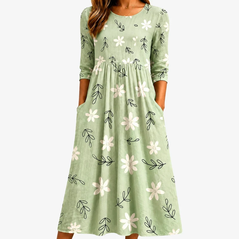 Nati | Everyday Sage Floral Midi Dress with Pockets