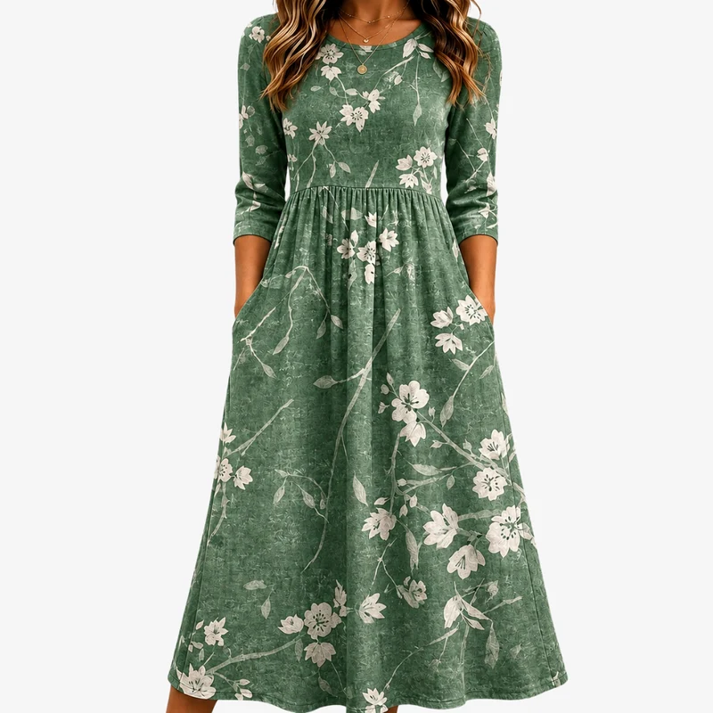 Esmeralda | Relaxed Emerald Green Floral Midi Dress with Pockets