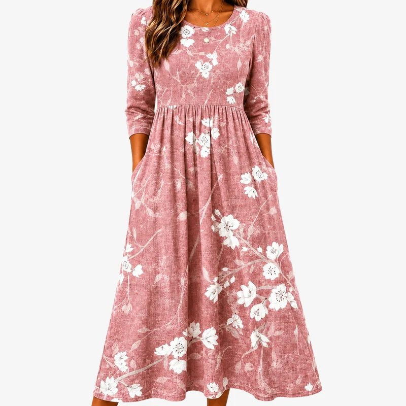 Rosalba | Pink Floral Grace Midi Dress with Pockets