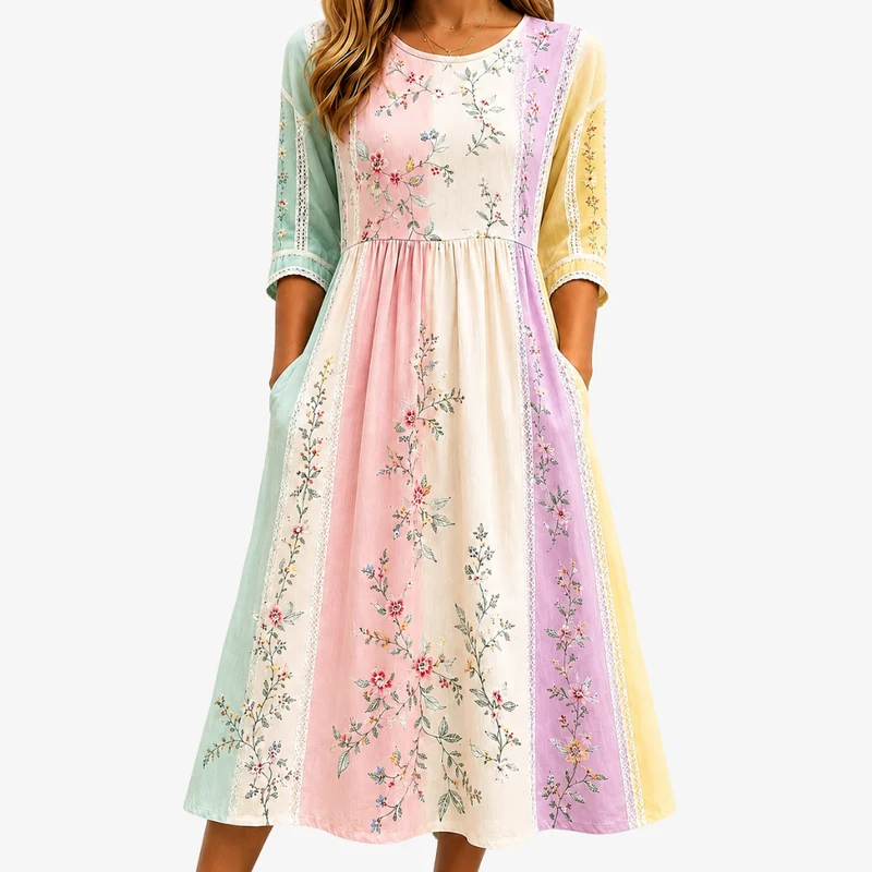 Espe | Pastel Garden Midi Dress with Panels and Pockets
