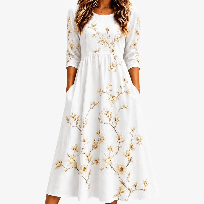 Marfil | Cream Floral Grace Midi Dress with Pockets