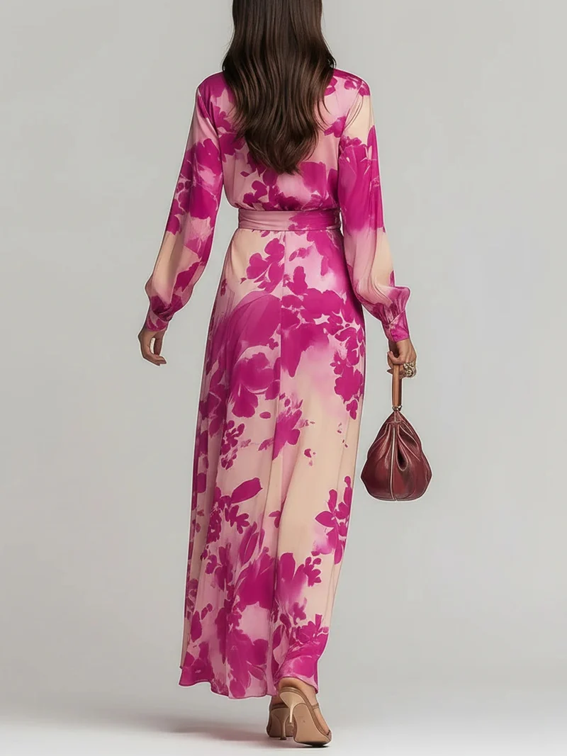 Yulia | Rose Floral V-Neck Belted Maxi Dress
