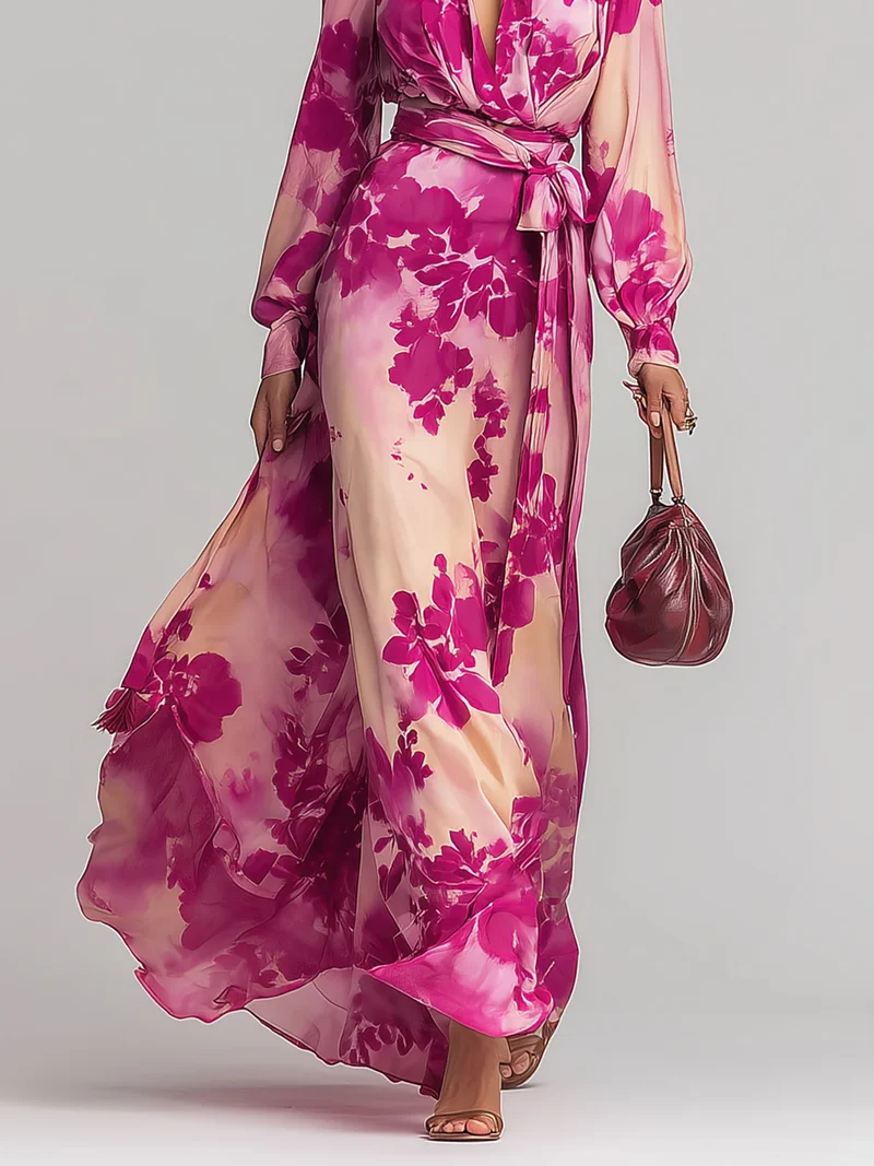 Yulia | Rose Floral V-Neck Belted Maxi Dress