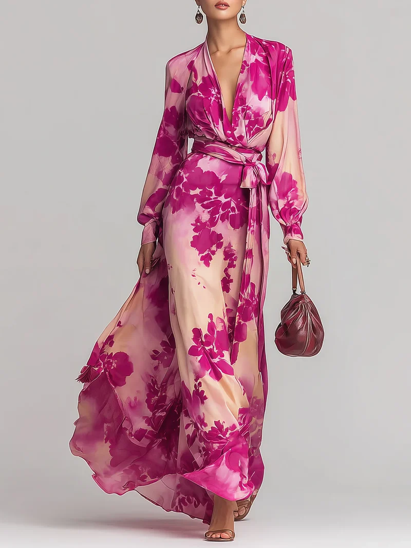 Yulia | Rose Floral V-Neck Belted Maxi Dress