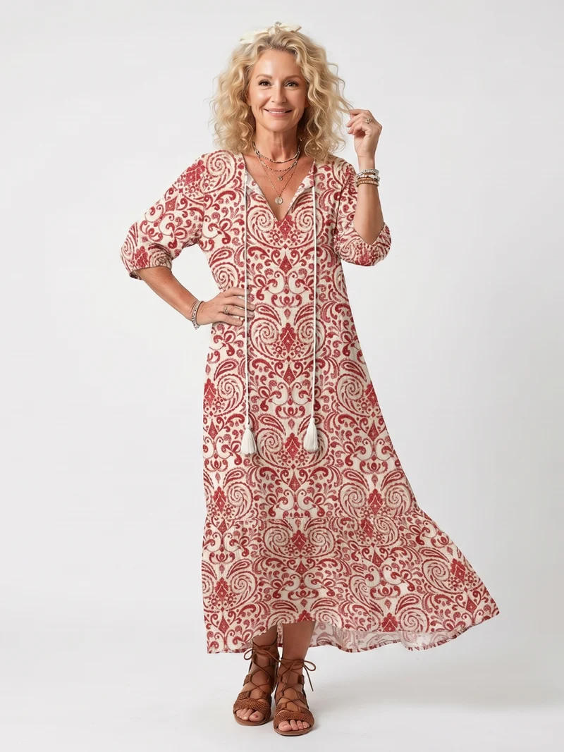 Noelle | Robe Midi à Nouer Imprimé Ornemental