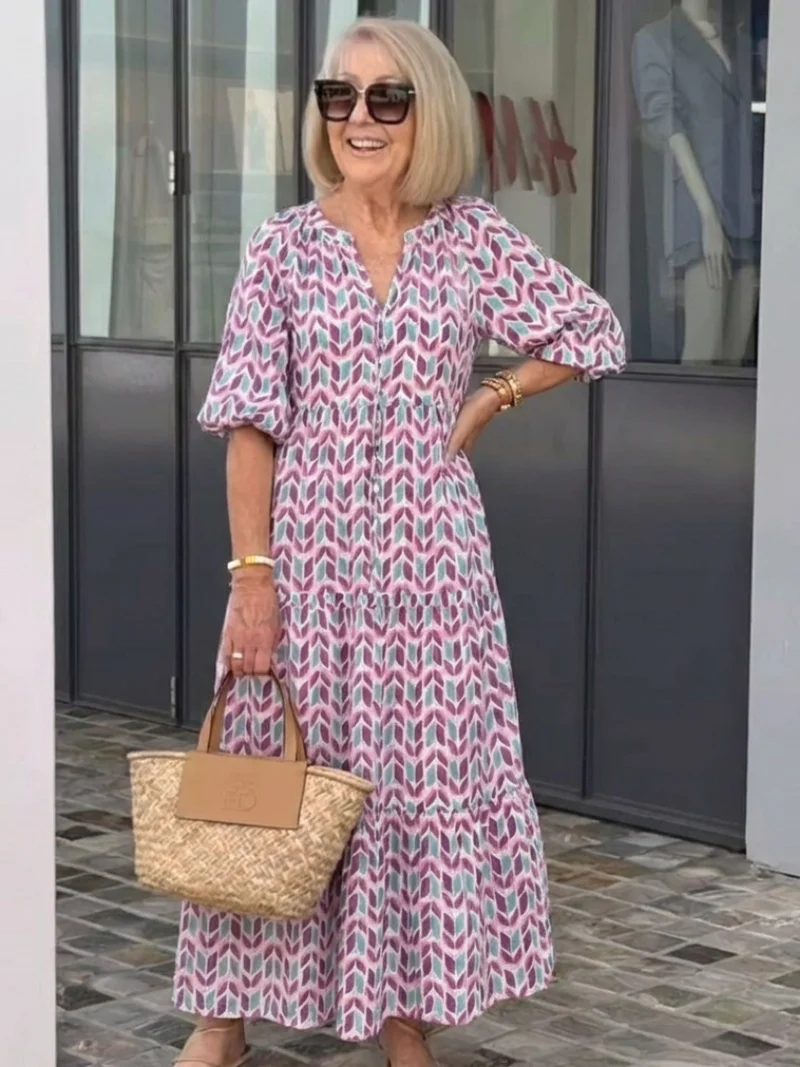 Mireya | Robe Midi à Étages Manches Longues Imprimé Géométrique