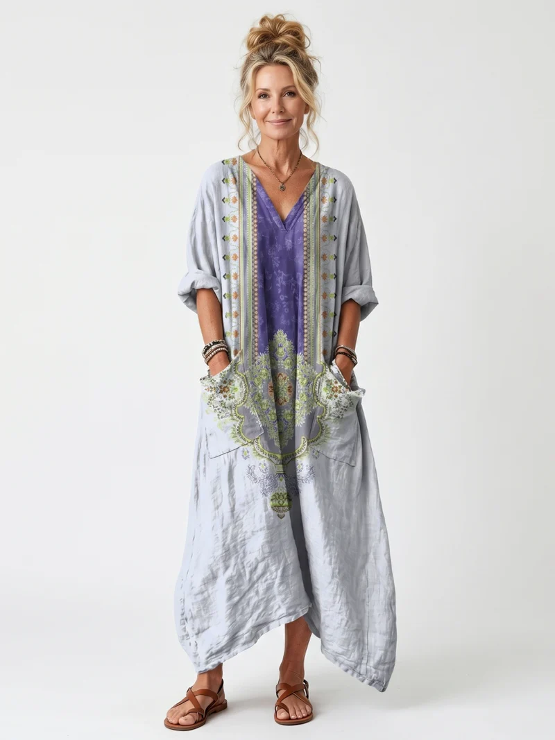 Raina | Robe Midi Oversize à Empiècement Contrastant Brodé avec Poches