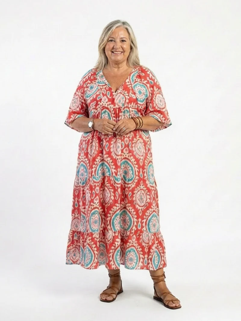Zaria | Robe Midi à Manches Courtes Col V Imprimé Cachemire