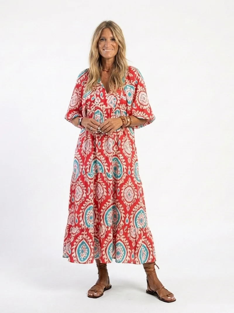 Zaria | Robe Midi à Manches Courtes Col V Imprimé Cachemire