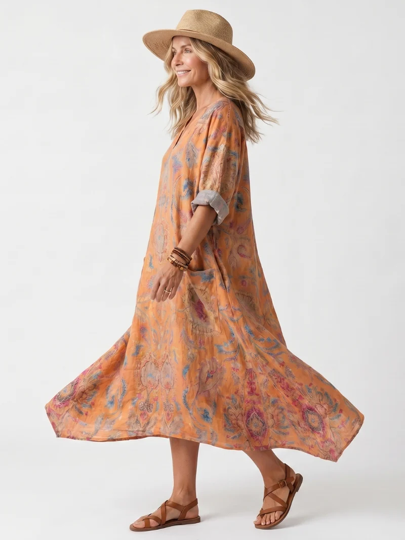 Remi | Robe Midi Oversize à Col Cranté Imprimée avec Poches