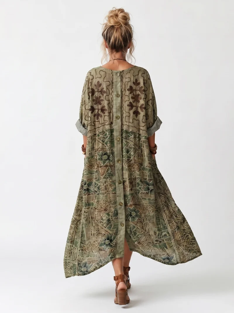 Aleta | Robe Midi Oversize Boutonnée Brodée avec Poches