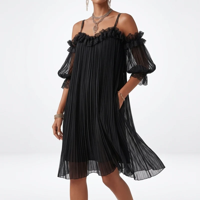 Volantine™ — Robe courte épaules dénudées plissée volants