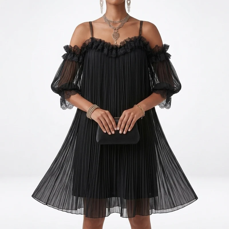 Volantine™ — Robe courte épaules dénudées plissée volants