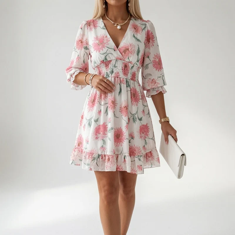 Églantine™ — Robe mini fleurie à taille smockée